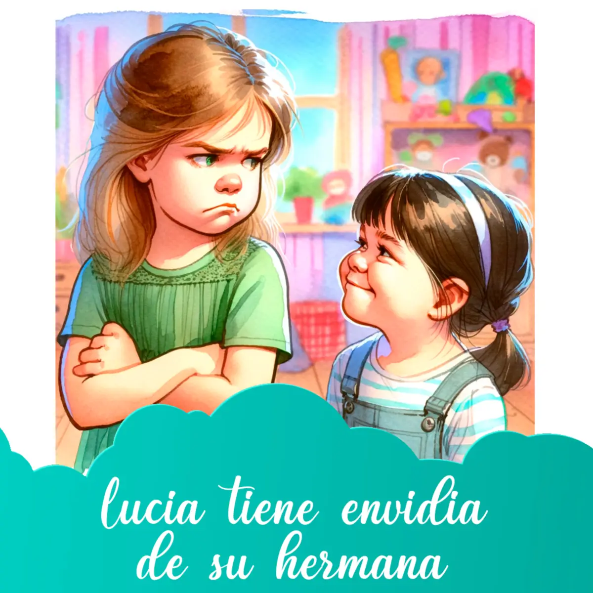 Ilustración del cuento infantil «Lucía tiene envidia de su hermana» de Raquel Tolmo