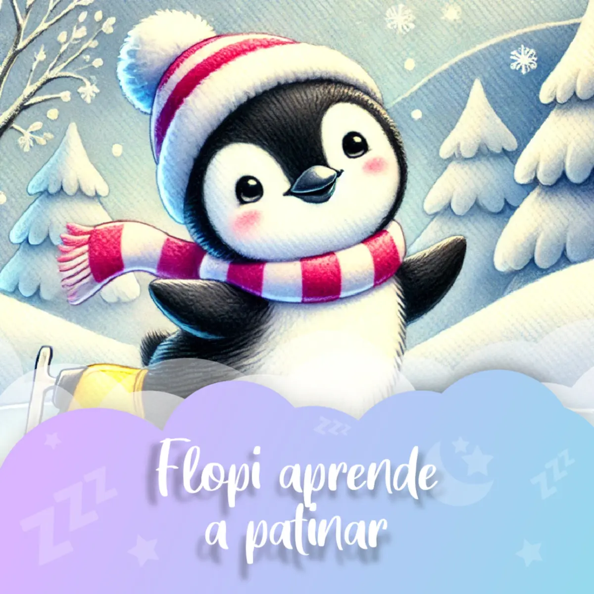Ilustración del cuento infantil «Flopi aprende a patinar» de Raquel Tolmo