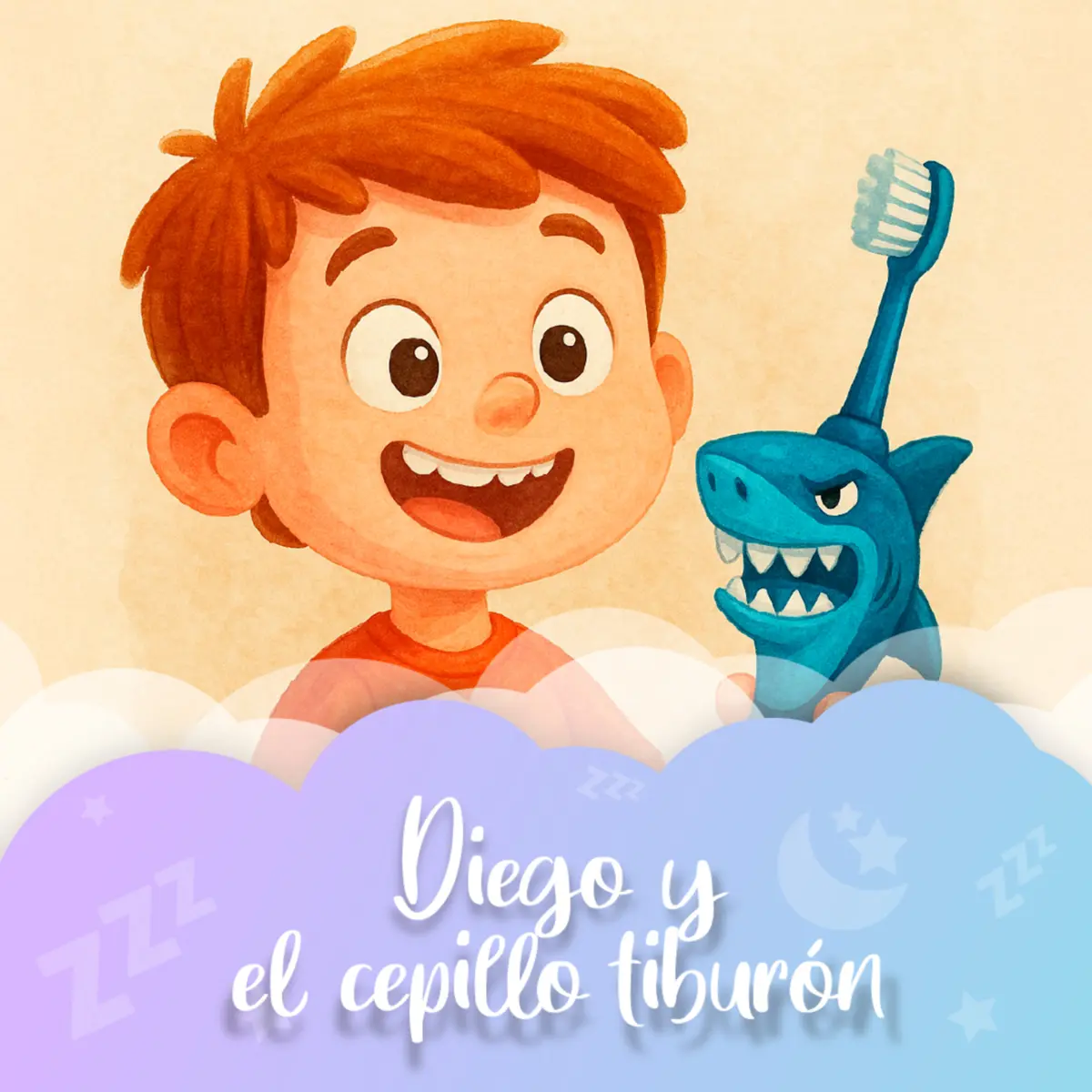 Ilustración del cuento infantil «Diego y el cepillo tiburón» de Raquel Tolmo