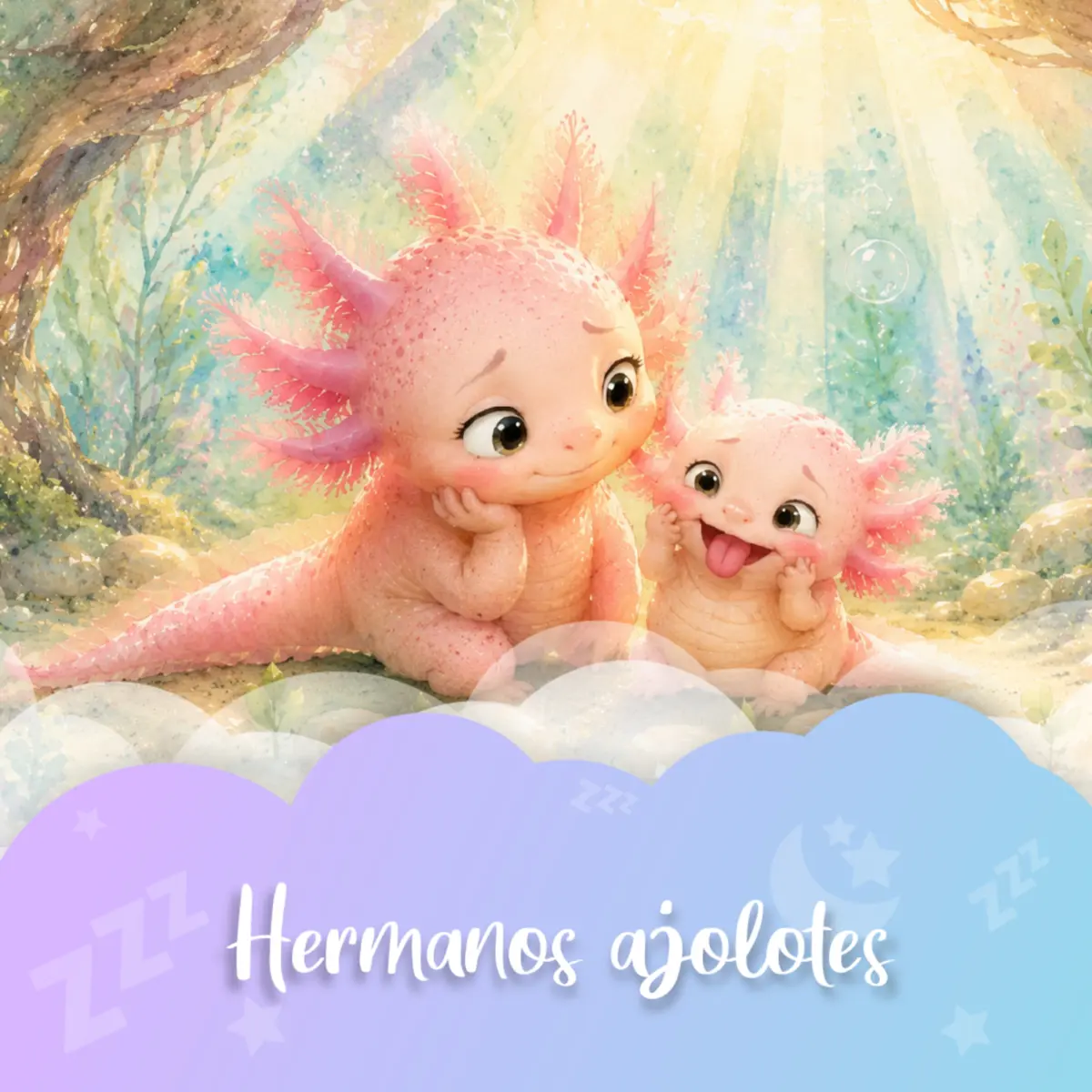 Ilustración del cuento infantil «Hermanos ajolotes» de Raquel Tolmo