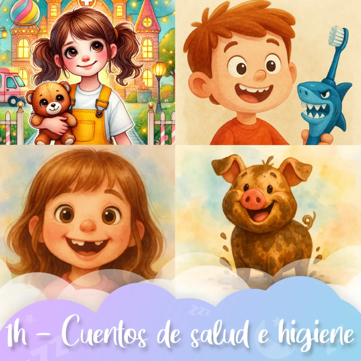 Ilustración del cuento infantil «Bloque 7: 4 CUENTOS SOBRE SALUD E HIGIENE | 1 Hora de Cuentos para Dormir» de Raquel Tolmo